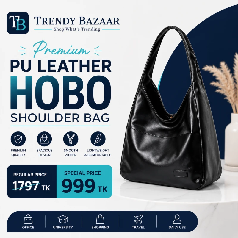Premium PU Leather Hobo Shoulder Bag for Women - Black | Trendy Bazar Bangladesh